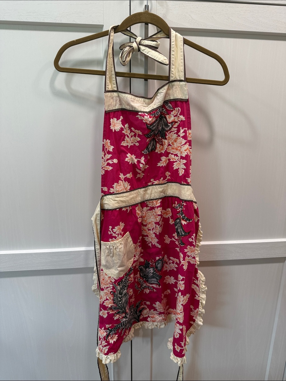 Anthropologie Floral Halter Apron Dress in Fuchsia and Cream